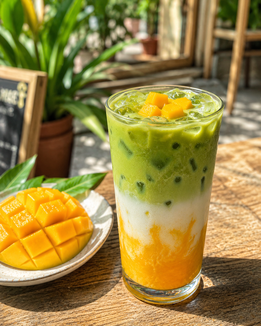 Iced mango matcha latte
